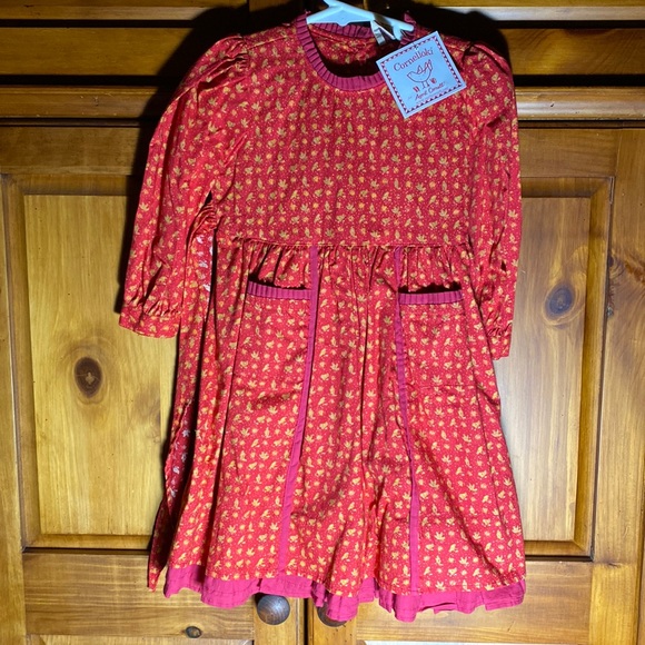 NWT Cornelloki Kids Small Gold Bird Patterned Burgundy Rust Prairie Dress - Picture 1 of 3